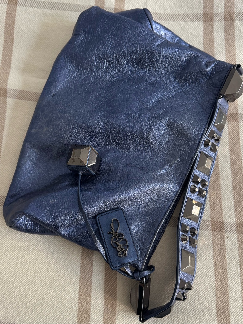 Betsey Johnson Vintage Y2K Metallic Blue Studded Hobo Bag - Picture 2 of 11